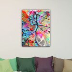 Tableau visage femme bleue multicolore. Bonne qualité, original, accrochée sur un mur au dessus d'un canapé dans un salon