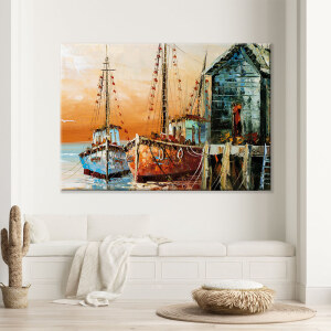 Tableau bateaux de pêcheurs. Bonne qualité, original, accrochée sur un mur au dessus d'un canapé dans un salon