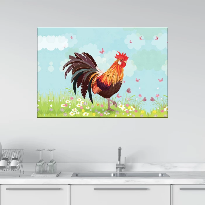 Tableau dessin de coq dans un champ. Bonne qualité, original, accrochée sur un mur au dessus d'une table dans un salon