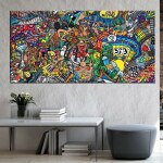 Tableau street art collage graffiti. Bonne qualité, original, accrochée sur un mur au dessus d'un canapé dans une maison